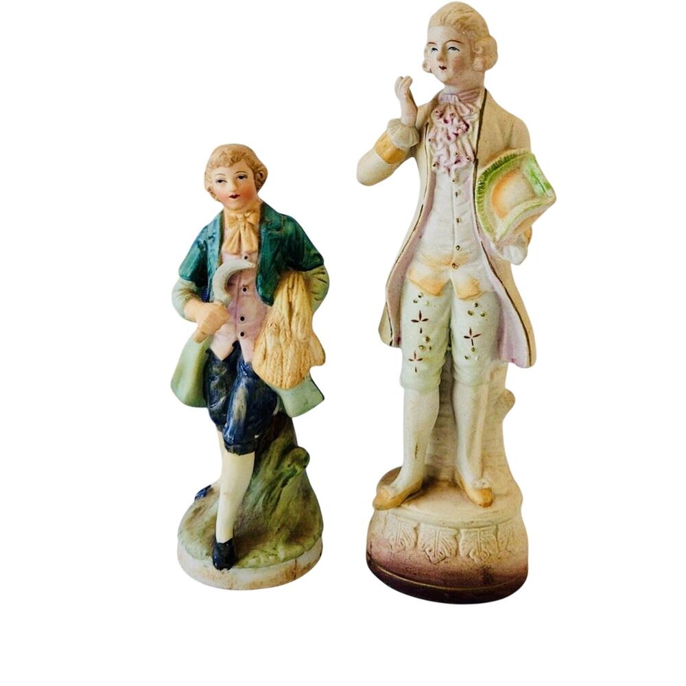 Pair Of Porcelain Bisque Early French Style Men 6 & 8 In Height Japan Fern Stamp